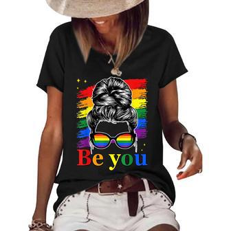 Be You Pride Lgbtq Gay Lgbt Ally Rainbow Flag Woman Face Women's Short Sleeve Loose T-shirt | Mazezy
