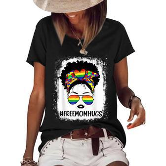 Black Womens Free Mom Hugs Messy Bun Lgbt Pride Rainbow Women's Short Sleeve Loose T-shirt | Mazezy