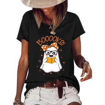 Booooks Cute Ghost Reading Library Books Halloween Teacher Women's Short Sleeve Loose T-shirt | Mazezy