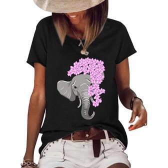 Elephant Hiding Behind Flowers Cute Animal Girls Gift Women's Short Sleeve Loose T-shirt | Mazezy
