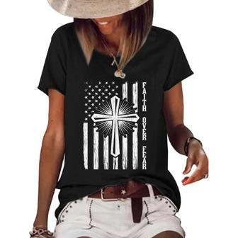 Faith Over Fear American Pride Us Flag Prayer Christian Women's Short Sleeve Loose T-shirt