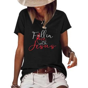 Fall In Love With Jesus Religious Prayer Believer Bible Gift Women's Short Sleeve Loose T-shirt | Mazezy