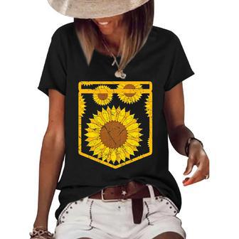 Florist Floral Cute Yellow Flower Pocket Sunflower Women's Short Sleeve Loose T-shirt | Mazezy