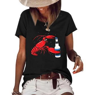 Funny Cajun Crawfish Boil Lobster Drinking Beer Women's Short Sleeve Loose T-shirt | Mazezy