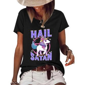 Funny Hail Satan Unicorn Rainbow Satanic Heavy Metal Pun Women's Short Sleeve Loose T-shirt | Mazezy