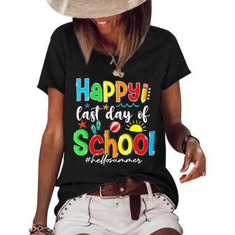 Funny Happy Last Day Of School Hello Summer Multicolored Women's Short Sleeve Loose T-shirt | Favorety UK