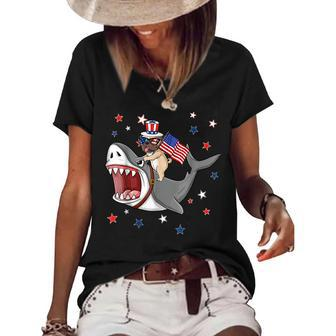 Funny Pug Shark 4Th Of July Dog Mom Dad Puppy Lover Women's Short Sleeve Loose T-shirt - Seseable