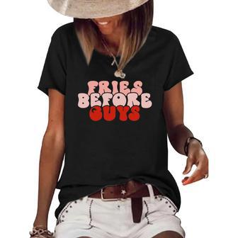 Funny Valentines Day Womens Valentine Fries Before Guys Women's Short Sleeve Loose T-shirt | Mazezy