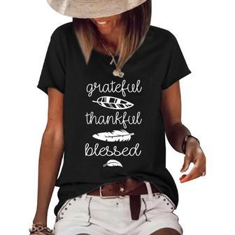 Grateful Thankful Blessed Cute Boho Feathers Thanksgiving Women's Short Sleeve Loose T-shirt