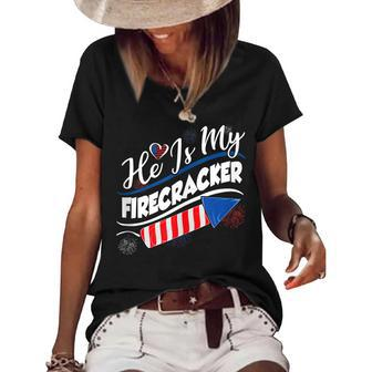 He Is My Firecracker 4Th Of July Funny Matching Couples Women's Short Sleeve Loose T-shirt - Seseable