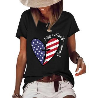 Heart Cross Faith Fourth 4Th Of July Patriotic Christians Women's Short Sleeve Loose T-shirt - Seseable