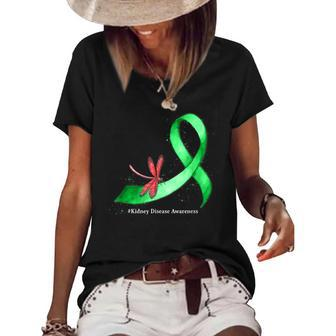 Hippie Dragonfly Green Ribbon Kidney Disease Awareness Women's Short Sleeve Loose T-shirt - Seseable