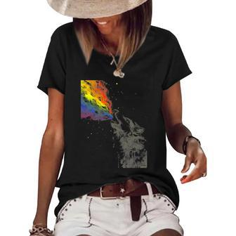 Howling Wolf Rainbow Watercolor Whimsical Animal Women's Short Sleeve Loose T-shirt | Mazezy