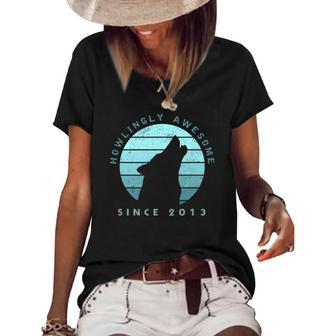 Howlingly Awesome Since 2013 9 Years Old Howling Wolf Women's Short Sleeve Loose T-shirt | Mazezy