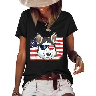 Husky Dad & Mom American Flag 4Th Of July Usa Siberian Husky Women's Short Sleeve Loose T-shirt - Seseable