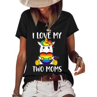 I Love My Two Moms Cute Lgbt Gay Ally Unicorn Girls Kids Women's Short Sleeve Loose T-shirt - Seseable