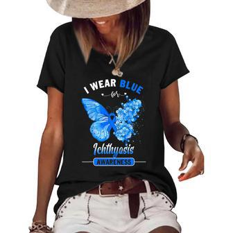 I Wear Blue For Ichthyosis Awareness Butterfly Women's Short Sleeve Loose T-shirt | Mazezy
