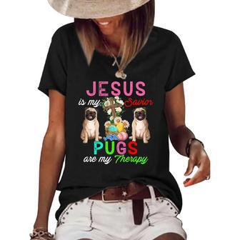 Jesus Is My Savior Pugs Are My Therapy Cute Pugs Easter Eggs Women's Short Sleeve Loose T-shirt | Mazezy