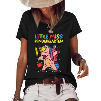 Kids Little Miss Kindergarten Dab Unicorn First Day Of Girls Women's Short Sleeve Loose T-shirt | Mazezy