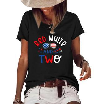 Kids Red White And Two 2Nd Birthday 4Th Of July Firework Boy Women's Short Sleeve Loose T-shirt | Mazezy