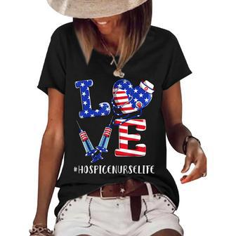 Love Hospice Nurse Life 4Th Of July American Flag Patriotic Women's Short Sleeve Loose T-shirt - Seseable