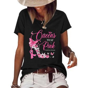 Queens Wear Pink Breast Cancer Awareness Butterfly High Heel Women's Short Sleeve Loose T-shirt | Mazezy
