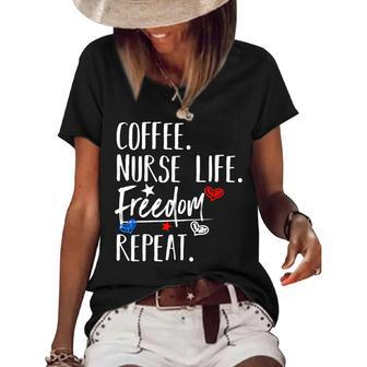 Red White And Blue 4Th Of July Nurse Coffee And Freedom Women's Short Sleeve Loose T-shirt - Seseable