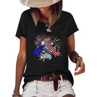 Red White Blue Donkey Fireworks 4Th Of July Gifts Women's Short Sleeve Loose T-shirt | Mazezy