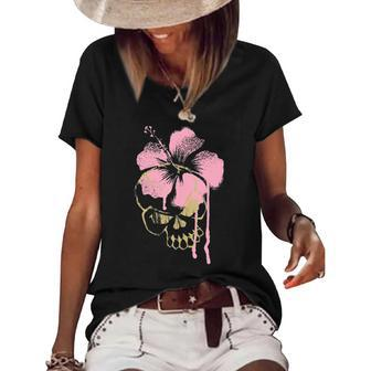 Skull Pink Flower Hibiscus Graphic Women's Short Sleeve Loose T-shirt | Mazezy