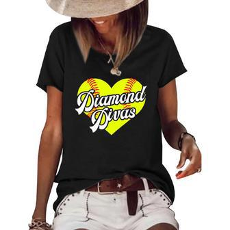Softball Heart Diamond Divas Teamball League Girls Gift Women's Short Sleeve Loose T-shirt | Mazezy
