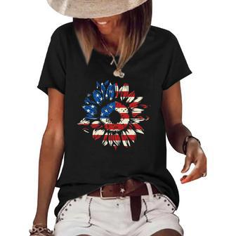 Sunflower American Flag Patriotic 4Th Of July Women's Short Sleeve Loose T-shirt | Mazezy