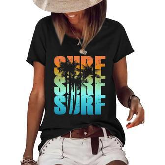 Surfing Sunset Palm Tree Cool Summer Vacation Men Women Surf Women's Short Sleeve Loose T-shirt | Mazezy