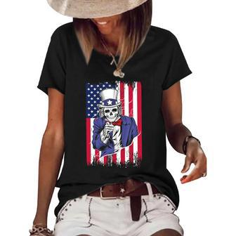 Uncle Sam Skeleton 4Th Of July For Boys And Girls Women's Short Sleeve Loose T-shirt | Mazezy