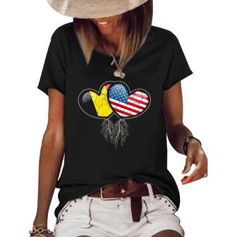 Womens Belgian American Flags Inside Hearts With Roots Women's Short Sleeve Loose T-shirt | Mazezy