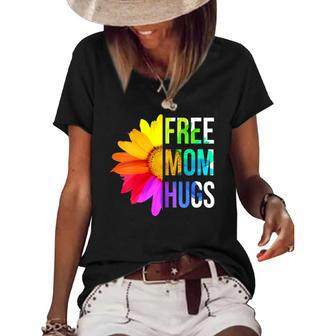 Womens Free Mom Hugs Gay Pride Lgbt Daisy Rainbow Flower Hippie Women's Short Sleeve Loose T-shirt | Mazezy