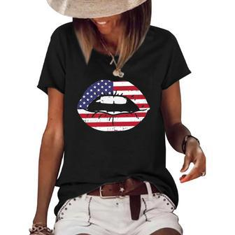 Womens Lips Kiss American Flag Usa 4Th Of July Fourth Women Girls Women's Short Sleeve Loose T-shirt | Mazezy