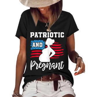 Womens Patriotic And Pregnant Baby Reveal 4Th Of July Pregnancy Women's Short Sleeve Loose T-shirt - Seseable