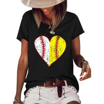 Womens Primitive Play Ball Love Baseball Softball Mom Heart Women's Short Sleeve Loose T-shirt | Mazezy