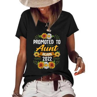 Womens Promoted To Aunt Again 2022 Sunflower New Aunt Women's Short Sleeve Loose T-shirt | Mazezy
