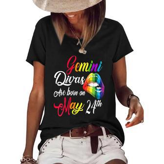 Womens Rainbow Lips Divas Are Born On May 24Th Gemini Girl Birthday Women's Short Sleeve Loose T-shirt | Mazezy