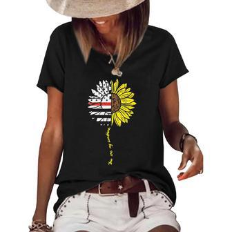 Womens Sunflower Thin Red Line Us Flag Sunshine Firefighter Gift Women's Short Sleeve Loose T-shirt | Mazezy