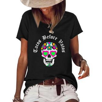 Womens Tacos Before Vatos Chola Cholo Sugar Skull Cinco De Mayo Women's Short Sleeve Loose T-shirt | Mazezy