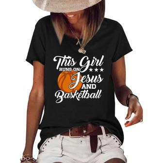 Womens This Girl Runs On Jesus And Basketball Christian Gift Women's Short Sleeve Loose T-shirt | Mazezy
