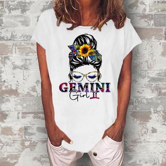 Gemini Girl Birthday Messy Bun Hair Sunflower  Women's Loosen Crew Neck Short Sleeve T-Shirt