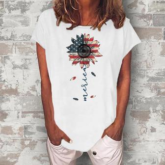 4Th Of July Merica Sunflower American Flag Patriotic Women's Loosen T-shirt - Seseable