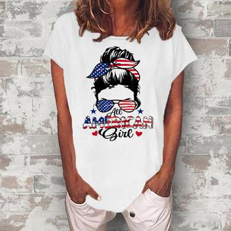 All American Girls 4Th Of July Messy Bun Patriotic Women's Loosen T-shirt - Seseable