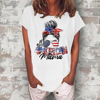 Womens All American Mama American Flag 4Th Of July Patriotic Women's Loosen T-shirt - Seseable