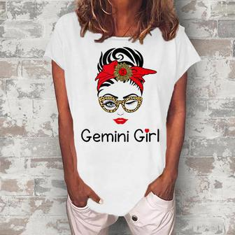 Gemini Girl Leopard Sunflower Zodiac Birthday Girl Women's Loosen T-shirt - Seseable