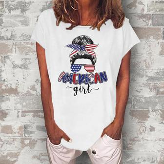 American Girl Messy Bun 4Th Of July Mom Usa Women Women's Loosen T-Shirt | Mazezy