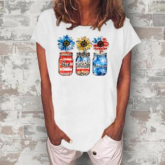 Country Farm Canning Ball Jars Sunflower God Bless America Women's Loosen T-Shirt | Mazezy